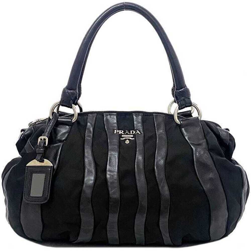 Prada Tote Bag Black Silver Leather Stripe Zipper Logo